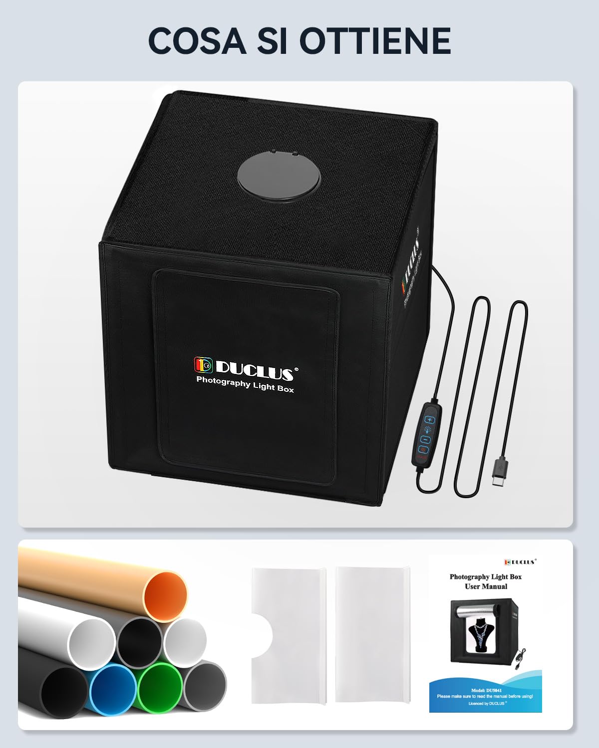 DUCLUS Set Fotografico 40 x 40 cm la Light box Rinnovata da 18W, Kit Scatola Foto Potenziato con 160 LED a 5500K e Connessione Type C, 8 Sfondi Fotografici per la Fotografia di Prodotto