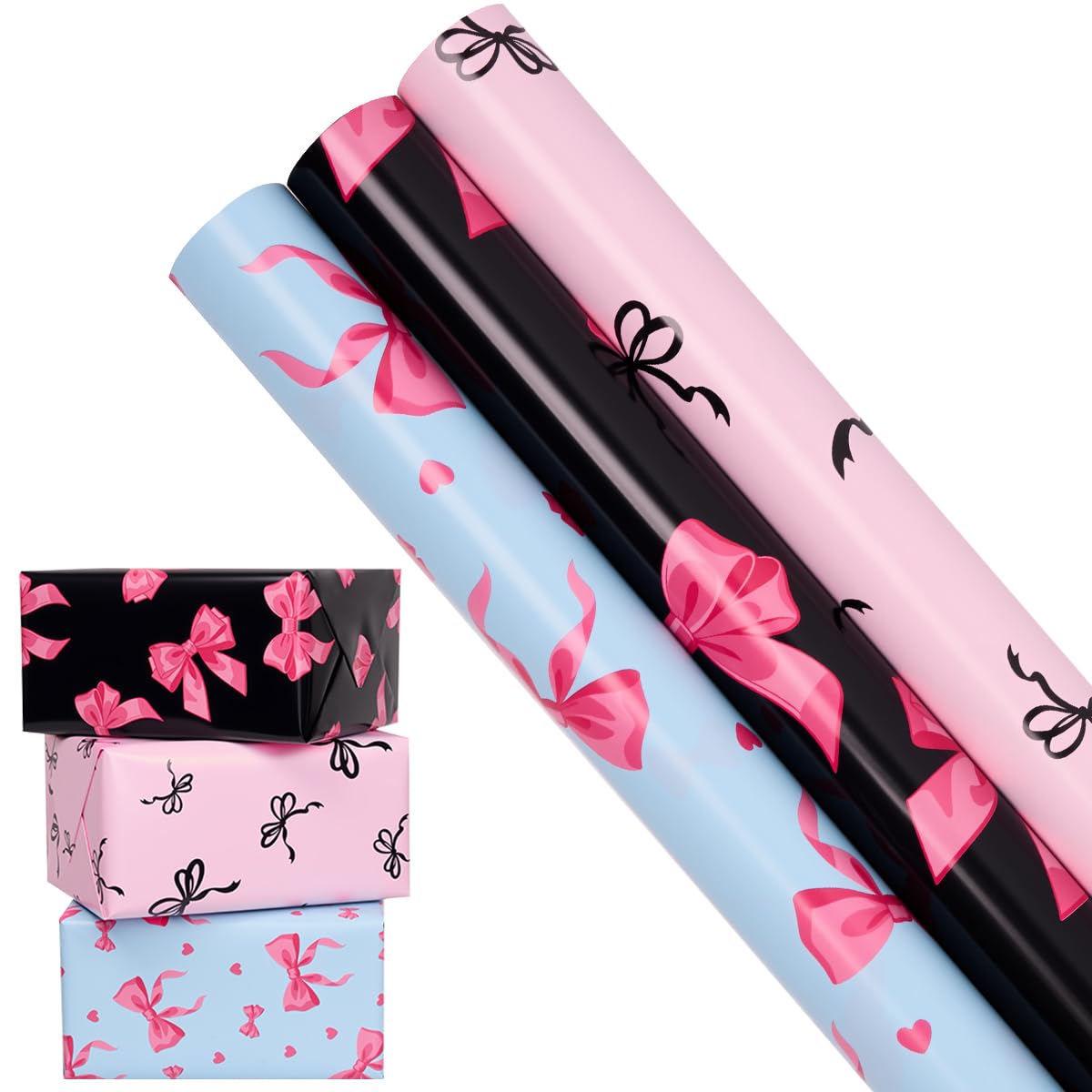 3 Rolls Bow Gift Wrapping Paper, 43cm x 3M Recyclable Ribbon Bow Design Gift Wrap Paper for Birthday Wedding Bachelorette Party Valentine’s Day Gift Wrapping