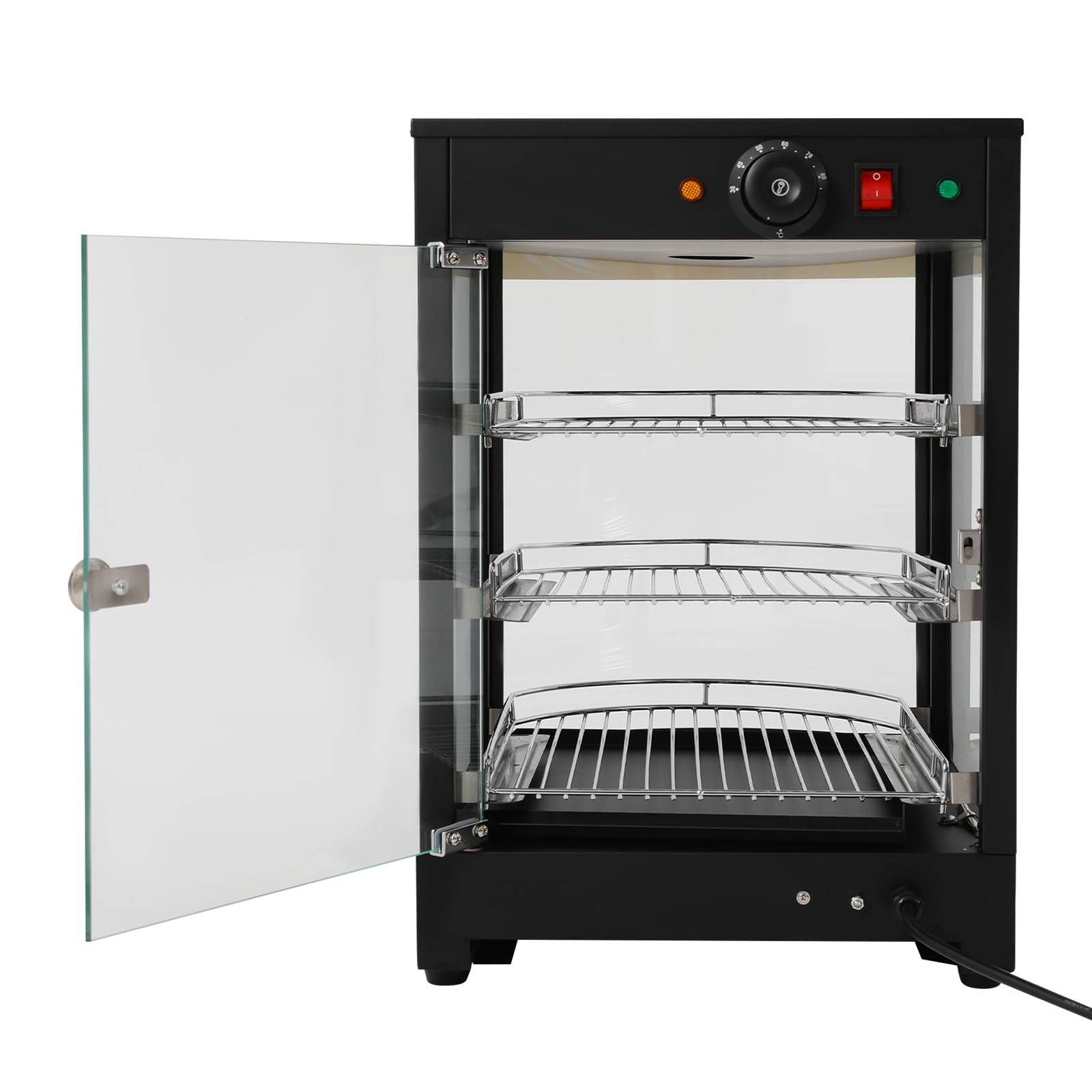 Scaldalibi commerciali a 3 livelli, 800 W, con luce, regolazione della temperatura da 30 °C a 85 °C, scaffale in filo a 3 livelli, contenitore per hamburger, pizza, pane, pollo arrosto