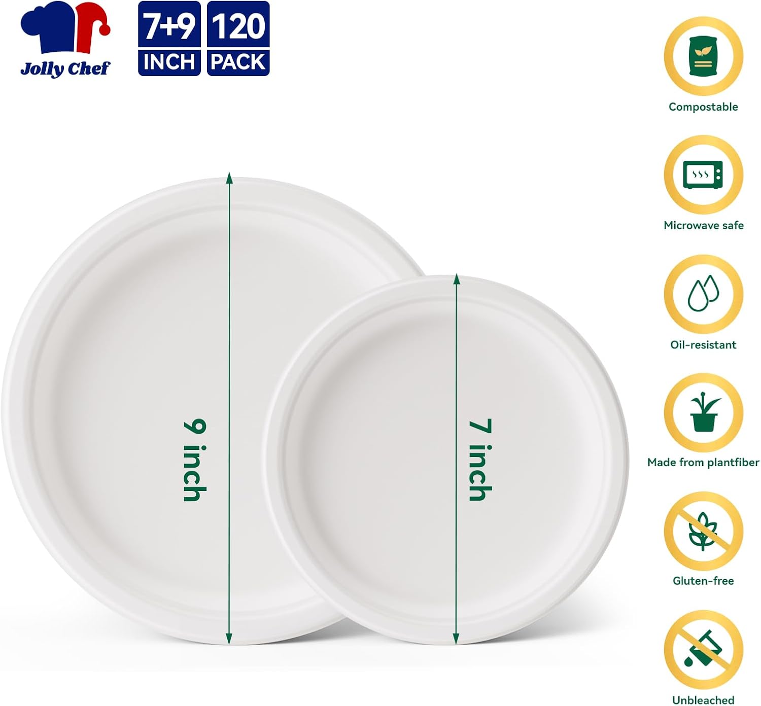 JOLLY CHEF Compostable Heavy Duty Plates 𝟳 𝗶𝗻𝗰𝗵 𝗮𝗻𝗱 𝟵 𝗶𝗻𝗰𝗵 [𝟭𝟮𝟬 𝗣𝗮𝗰𝗸] Eco-Friendly Disposable Paper Plates Bagasse Biodegradable Sugarcane for Party Hot Coold Food Christmas(White) - Image 2