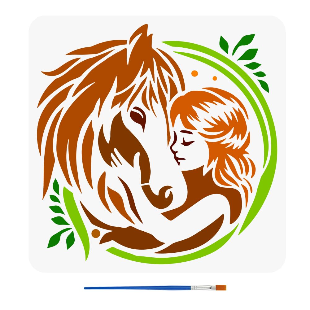 FINGERINSPIRE Horse and Girl Painting Stencil 30x30cm with Paint Brush Plastic PET Girl Hug Horse Template Hollowed Vines Leaves Stencil Animal Theme Template for Painting on Fabric Canvas