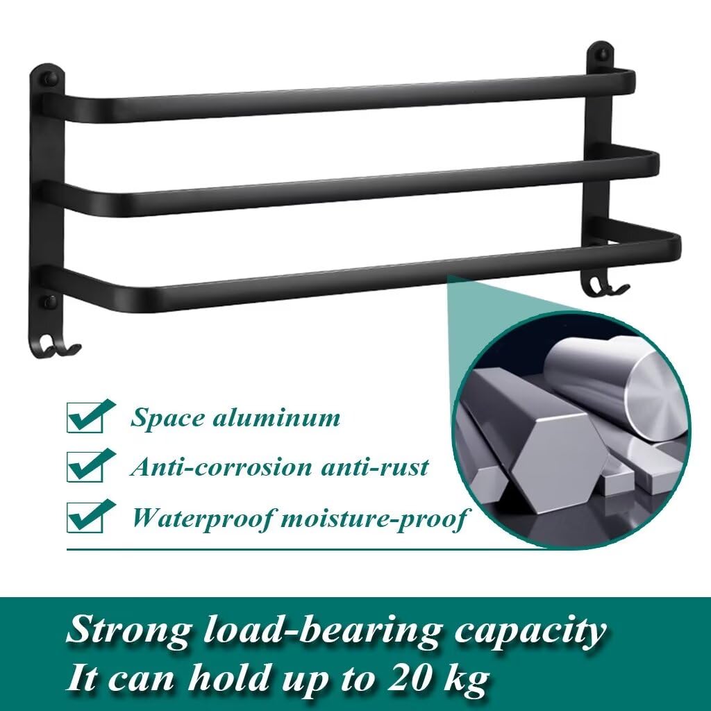 Porte Serviette Salle de Bain sans Percage Porte-Serviettes Murale Noir avec 2 Crochets Barre Serviette en Aluminium Cuisine Noir 3 Couches 60cm