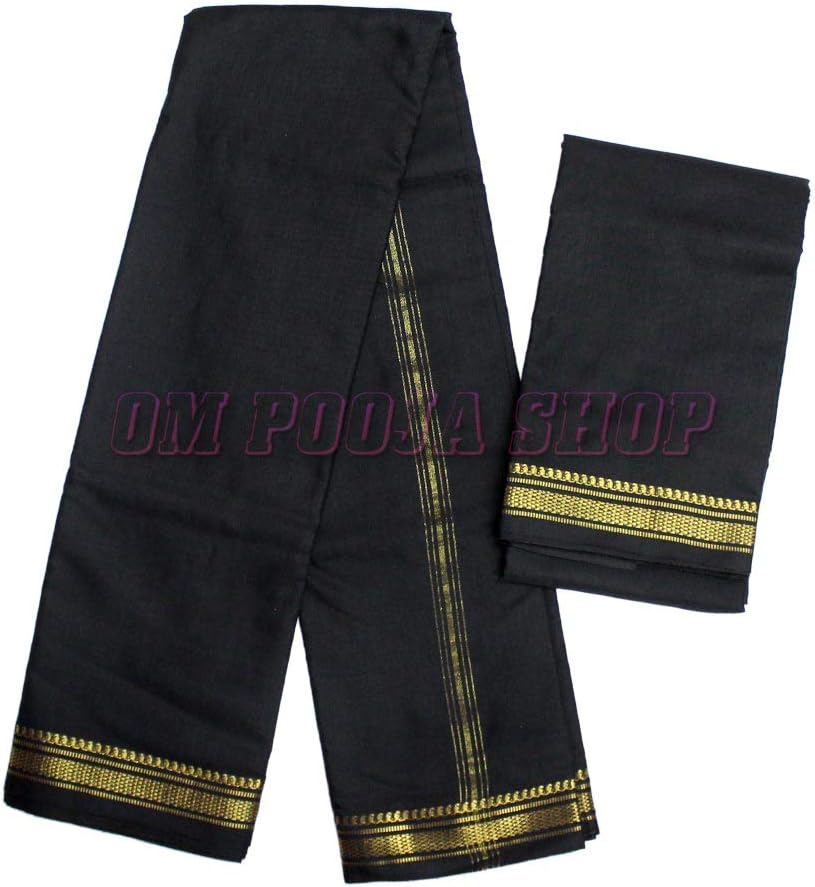 Black Cotton Dhoti with Angavastram for Men (4 Meter Dhoti & 2 Shawl)