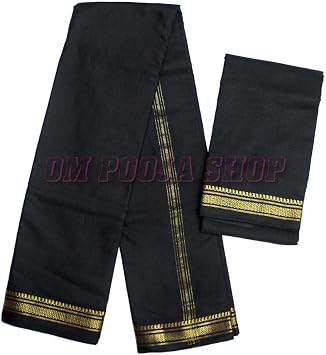 Black Cotton Dhoti with Angavastram for Men (4 Meter Dhoti & 2 Shawl)