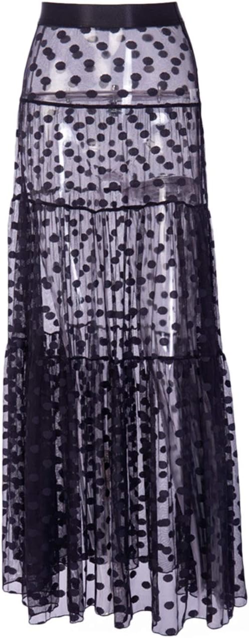 xxxiticat Women’s Mesh Cover Up Skirt Long Beach Sheer Polka Dot Maxi Dress | Summer Holiday Vacation High Waist See Through Transparent Sexy Tulle Tiered Pleated A Line Print Mesh Outfit Swim Beachwear