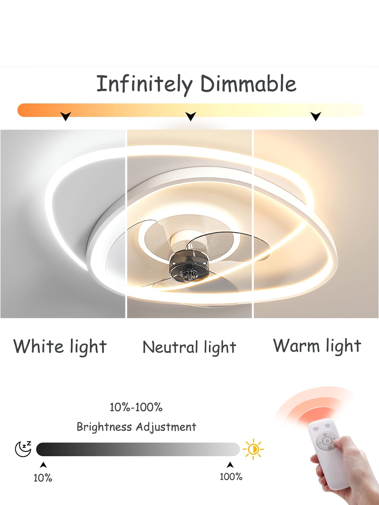 Cichy wentylator z oświetleniem Lampa sufitowa LED z wentylatorem Nowoczesny ściemnialny z pilotem Światło wentylatora sufitowego do sypialni Jadalnia Pokój do nauki (czarno+biały, 46cm)