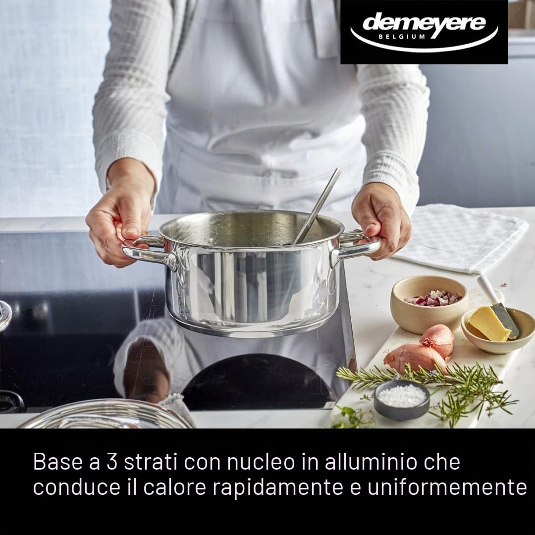 DEMEYERE Batteria di 5 pentole con coperchio Classico 3, acciaio inox, casseruola inclusa, compatibili con tutti i piani cottura e le piastre a induzione. Garanzia 10 anni