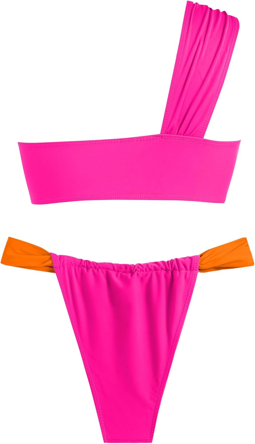 ZAFUL Women's One Shoulder Bikini Twisted Ruched High Cut Bandeau Bikini Set Two Piece Swimsuit