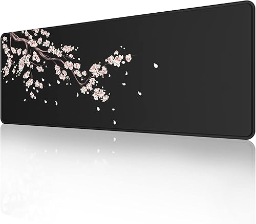 ETZ Alfombrilla de mouse negra con flores de ciruelo japonés (31.5 × 11.8 x 0.12 pulgadas), alfombrilla de escritorio grande extendida, bordes