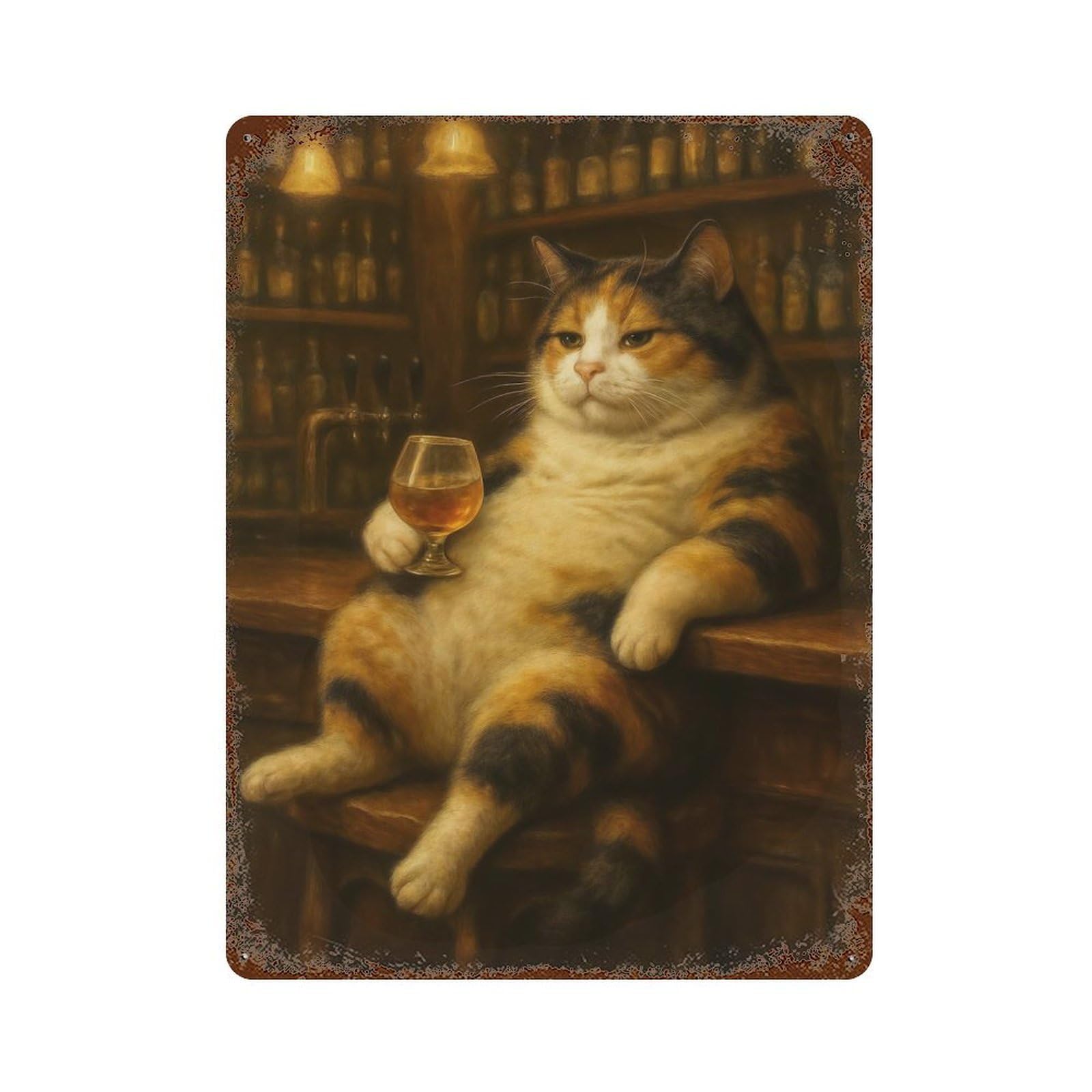 Calico Cat Drinking at The Bar Rust Effect Tin Sign 15.7"x11.8", Novelty Wall Decor for Garage, Pub Or Kitchen