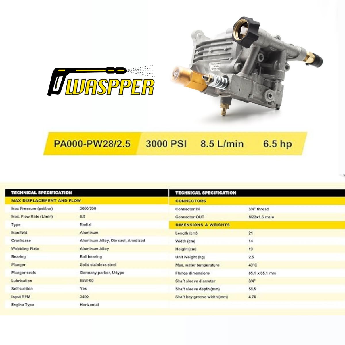Pompe nettoyeur haute pression 3000 PSI 200 bar – Pompe horizontale 8,5 L/min 6,5 HP – Remplacement pour nettoyeur essence tête aluminium – Waspper PA000-PW28/2.5
