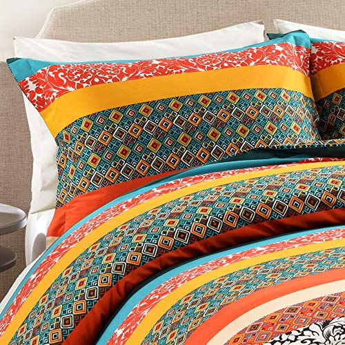 Lush Decor Boho Stripe Reversible Cotton 3 Piece Duvet Cover Set, King, Turquoise & Tangerine #TOP2