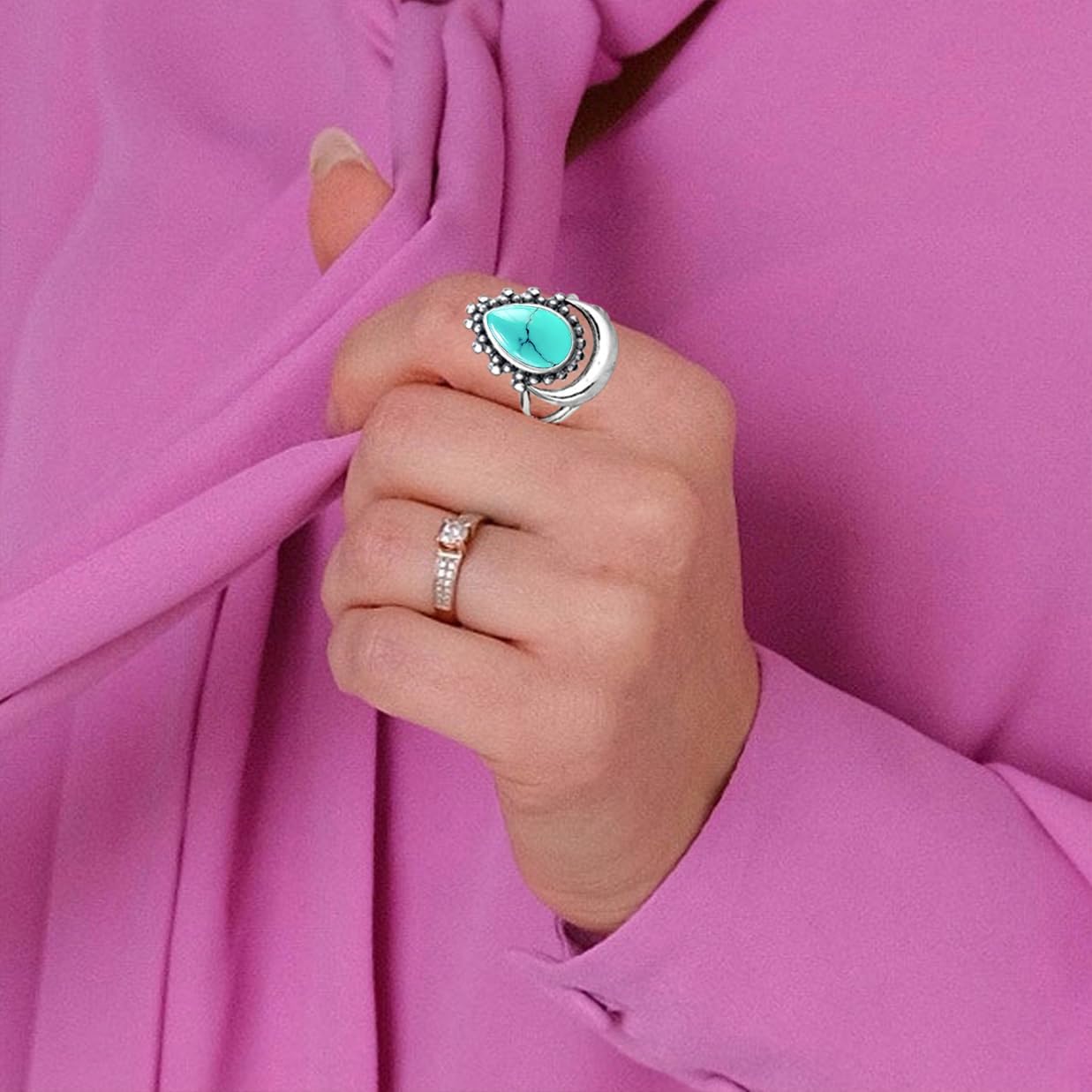 Crescent Moon Turquoise Stone Ring for Women,S925 Sterling Silver Waterdrop Shaped Gemstone Boho Statement Ring Jewelry Gift for Her