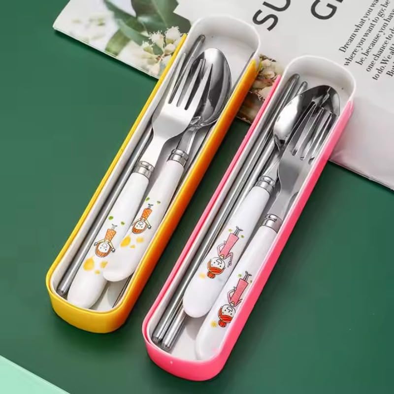 Image of 4 Pcs Cutlery Set with Storage Case, Stainless Steel Spoon Fork Chopsticks Set for School Lunch Box, Travel Camping Portable Reusable Tableware for Boys Girls (Set of 1 Multicolor)