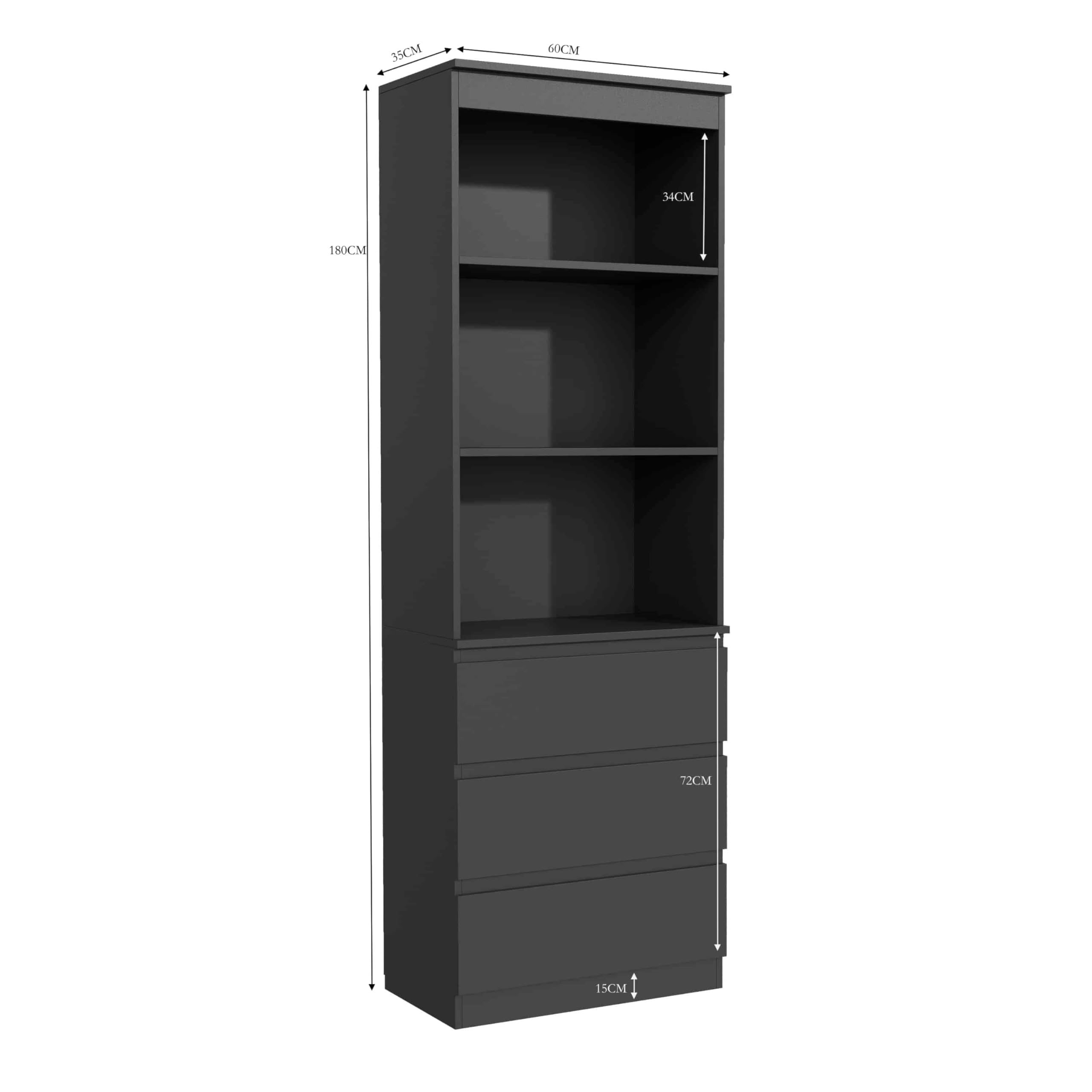 Garvis Bücherregal Hochschrank, 3 Schubladen & 3 Regale – MDF Hochregal mit Kippsicherung, 180 cm Hoch, Platzsparend für Wohnzimmer Schlafzimmer Studierzimmer (Schwarz Matt)