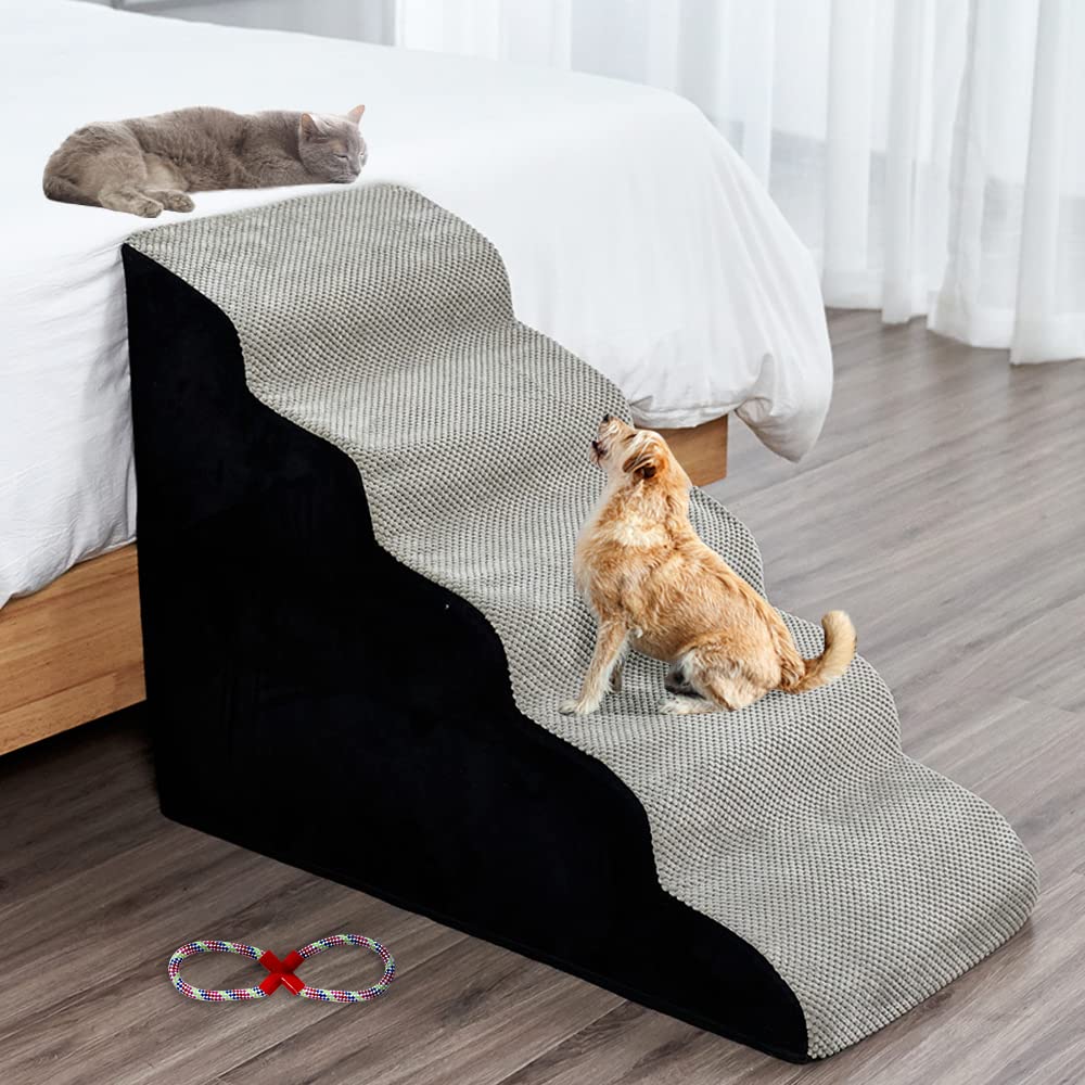 A.FATI Escalier pour chien de 60 cm de haut, 5 marches pour lit à sommier tapissier, canapé, escalier antidérapant pour animaux de compagnie pour petits chiens ou chats blessés – avec corde jouet pour