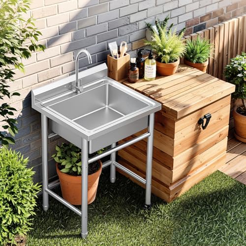 Stainless Steel Prep & Utility Sink, Free Standing Small Sink Include Cold and Hot Water Pipe,commercial Single Bowl Sinks for Garage, Restaurant, Kitchen, Laundry, 20” x 20” x 31.5” (Modern) - Thumbnail 4