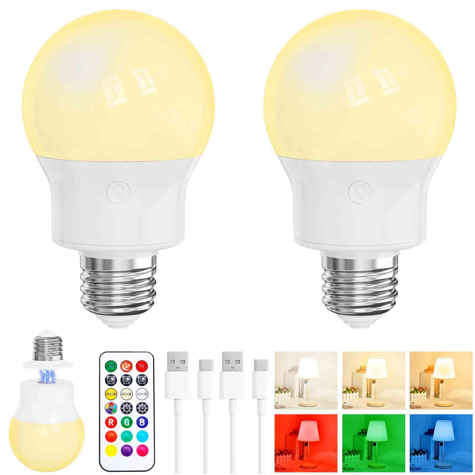 LED Rechargeable Light Bulb With Remote, Magnetic E27 Battery Operated Light Bulbs, 3 Color Temperature + 9 RGB Colour, 480LM, 3 Timer, For Lights, Lamps Without Power, Camping, Emergency 2 Pack — image 1