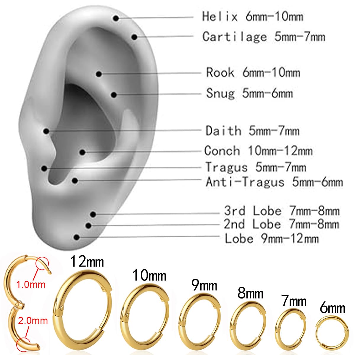 1 Pair 9mm Small Hoop Earrings for Women, Dainty 14K Gold Plated Huggie Hoop Earrings Hypoallergenic Lightweight Cartilage Earrings Set for Multiple Piercings for Sensitive (Gold/2.0mm) - Image 2