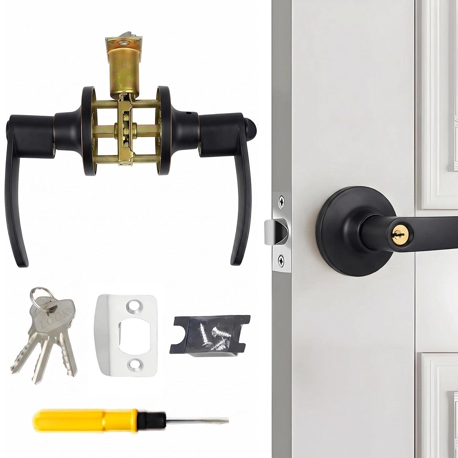 Plumaire Door Handle Lock with Keys, Security Door Lock Set, Reversible Doors Handles, Bedroom Doors Locks, Security Locks Set, with Screwdriver, for Bedroom, Bathroom, Kitchen, Office (Black)
