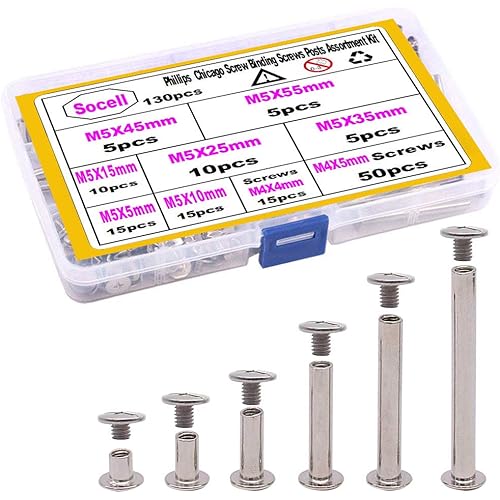 Socell 130pcs Phillips Chicago Screw Binding Screws Posts Assortment Kit for Scrapbook Photo Albums Craft and DIY Leather Decoration Bookbinding(M5 x 5/10/15/25/35/45/55)