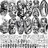 70 Sheets Chicano Temporary Tattoos For Women Men, Halloween Guadalupe Jesus Christ God Waterproof Half Arm Sleeve Tattoos For Adults, Virgin Mary Cholo Chola Fake Tattoo Sticker Joker Gangster Prison