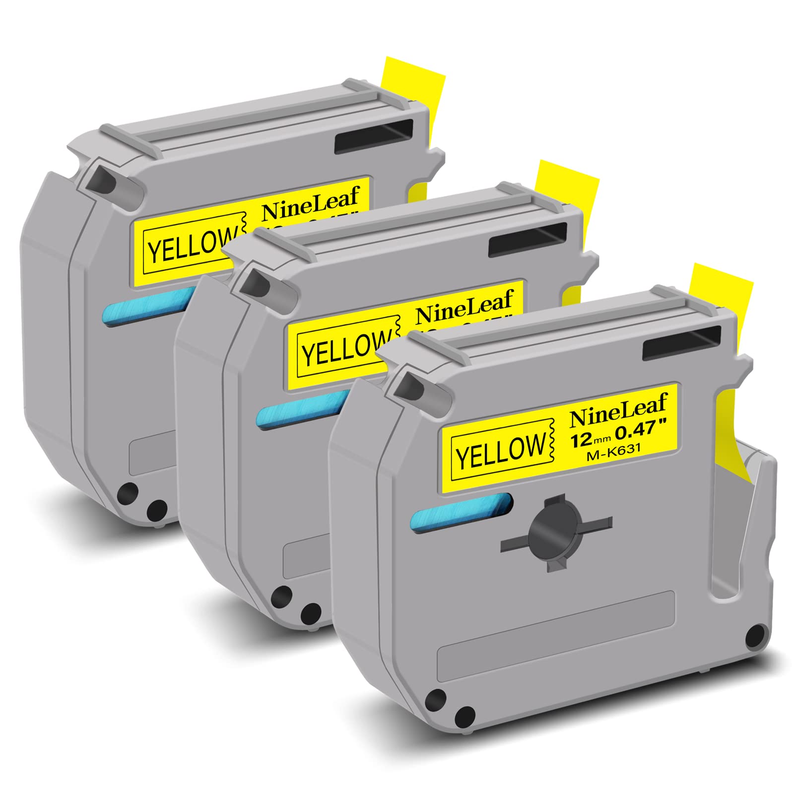 NineLeaf 3 Pack Replacement for Brother P-Touch M-K631s M-K631 MK631 M-631 M631 12mm 0.47'' 1/2 inch 8m Non Laminated Black on Yellow Label Tape Cassette for Ptouch PT-65SL 65VP 70BBVP Label Maker — image 1