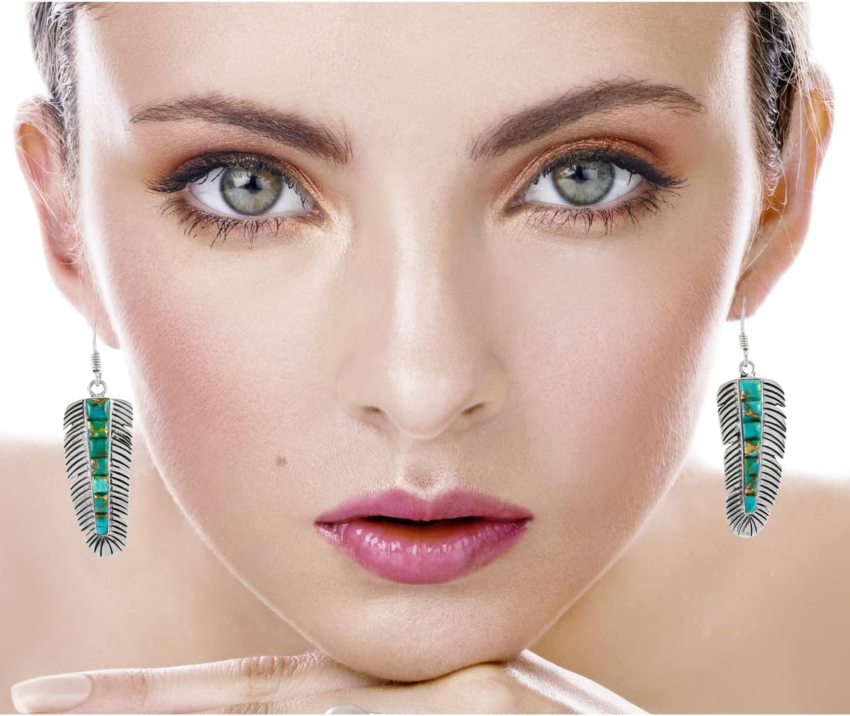 Feathers Turquoise Earrings 925 Sterling Silver & Genuine Gemstones - Image 2
