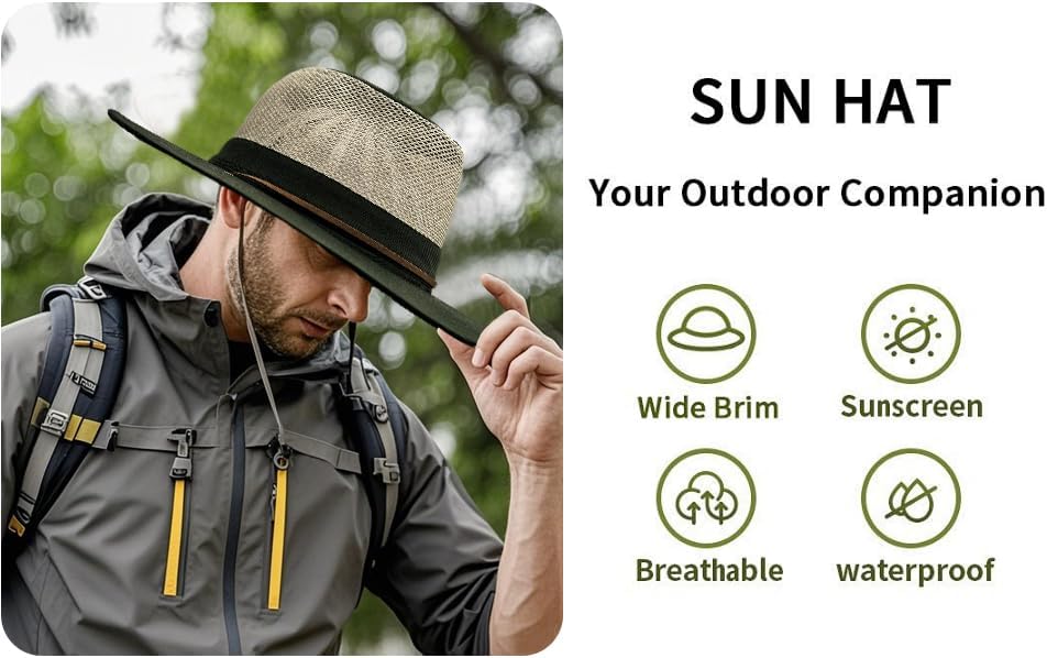 Men's Flat Wide Brim Mesh Safari Outdoor Hat Panama Hat Travel Fishing Hiking with Windproof - Image 7