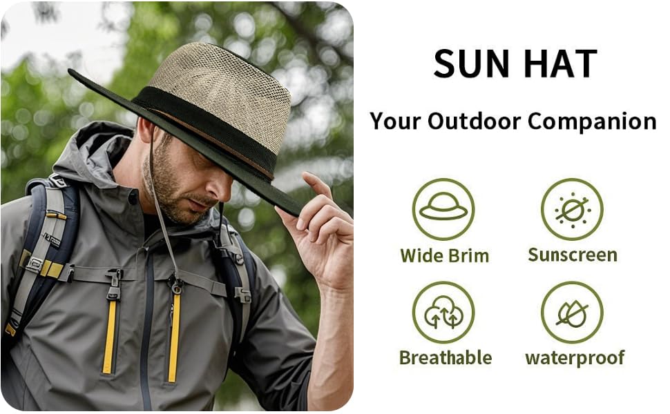 Image of Men's Flat Wide Brim Mesh Safari Outdoor Hat Panama Hat Travel Fishing Hiking with Windproof