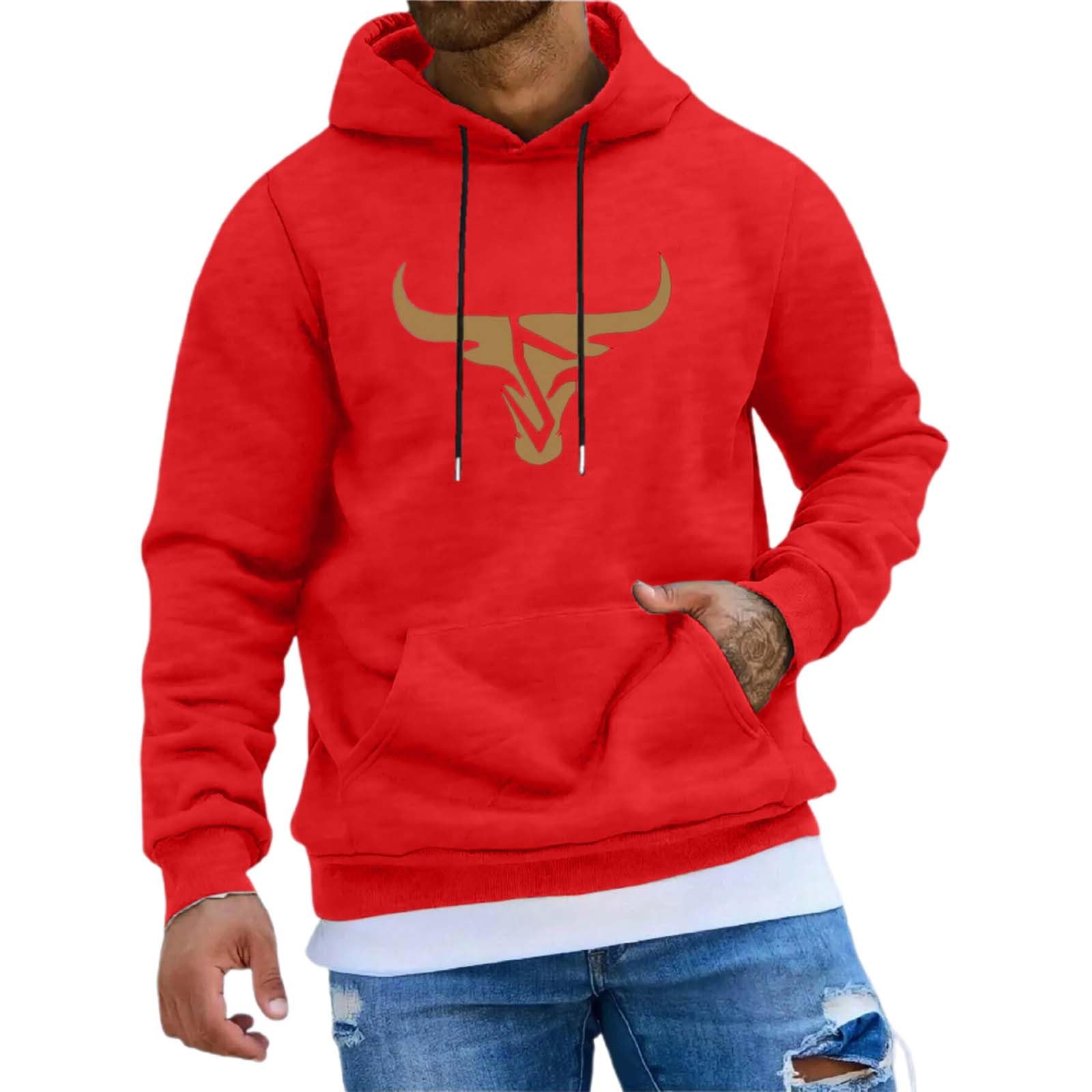 Mens Casual Hooded Sweatshirt with Bull Head Graphic and Drawstring Comfy Blend Pullover Sweatshirt for Everyday Wear
