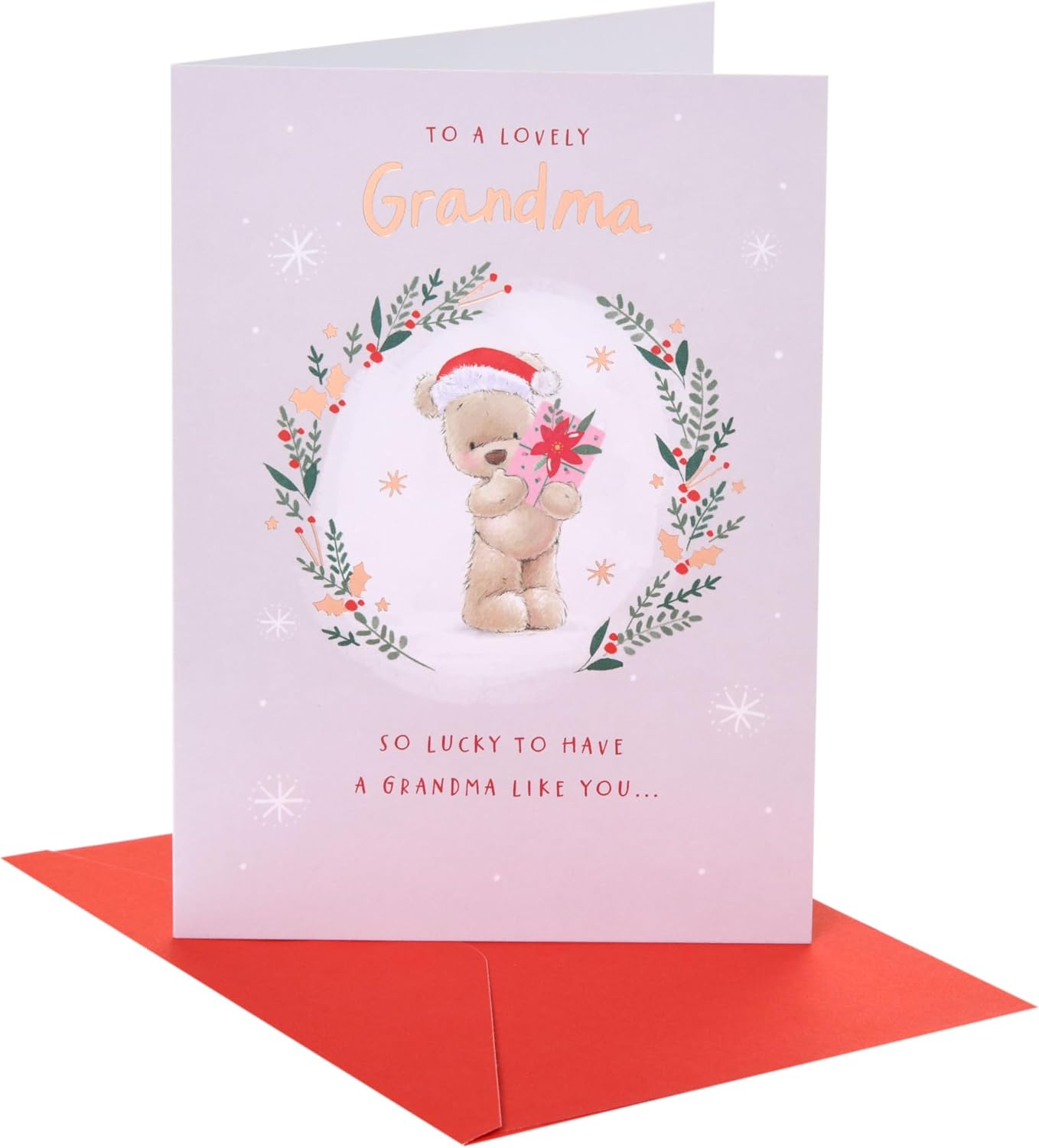 UK Greetings | Christmas Card for Grandma | Xmas Presents | Her, Girls, Women | Nutmeg ML Xmas Grandma bear inside wreath foliage | With Envelope | 17.8 x 12.7 cm