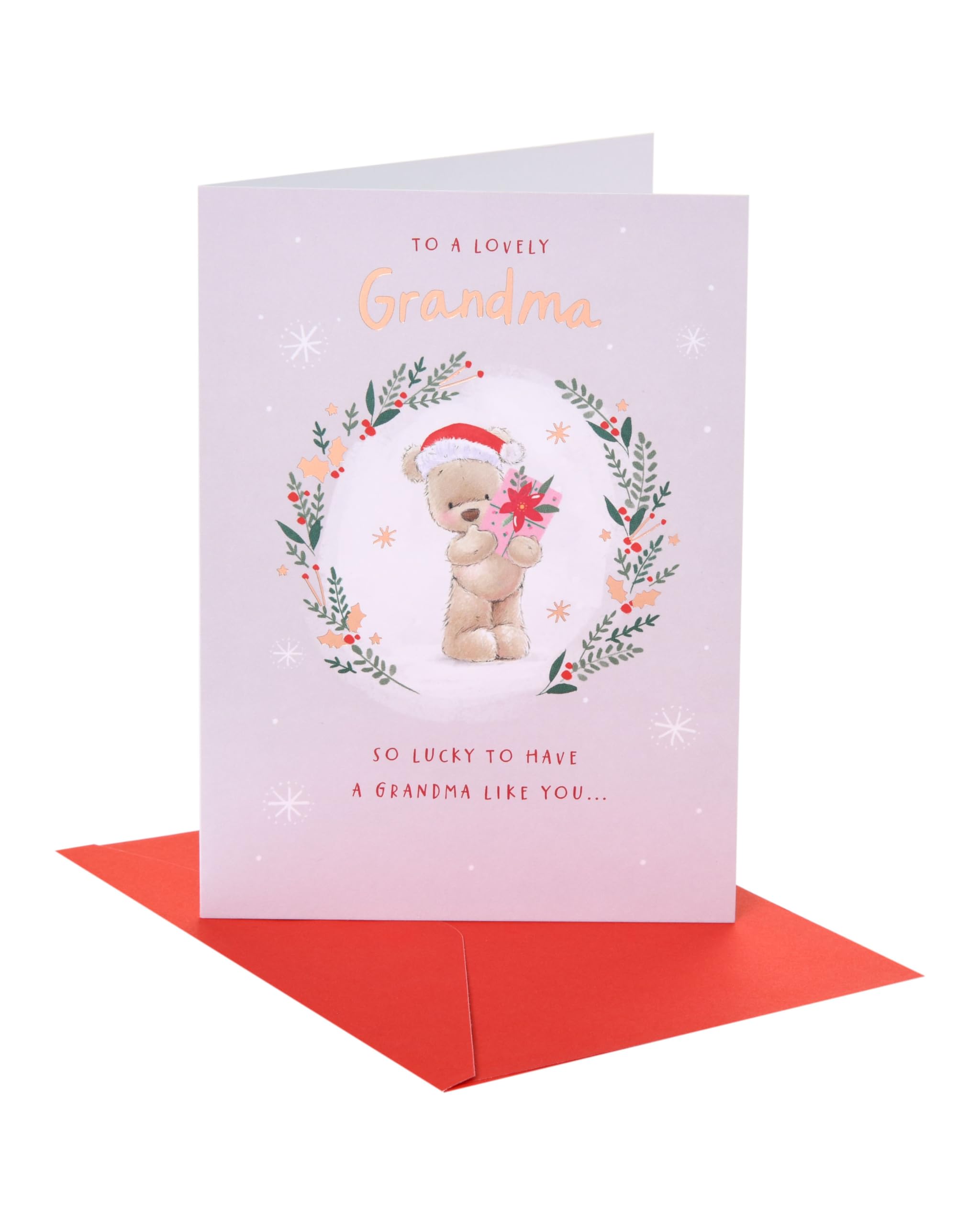 UK Greetings | Christmas Card for Grandma | Xmas Presents | Her, Girls, Women | Nutmeg ML Xmas Grandma bear inside wreath foliage | With Envelope | 17.8 x 12.7 cm