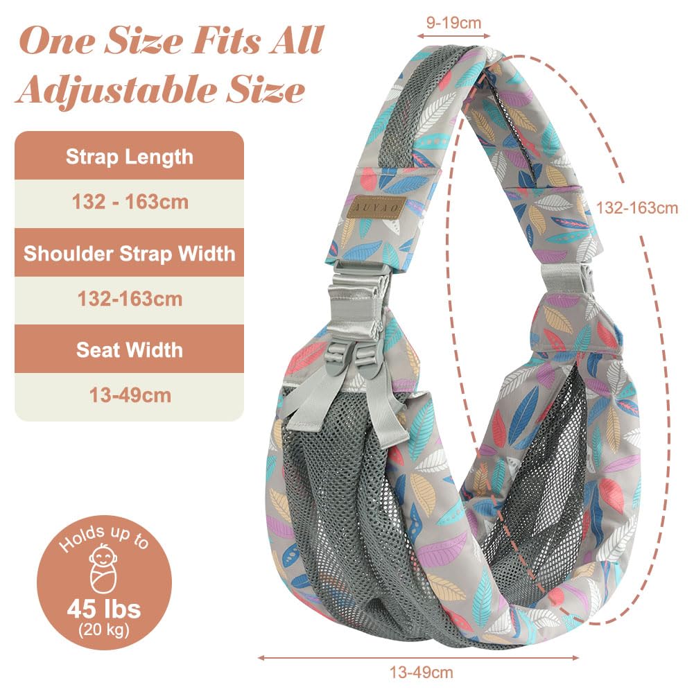 AUYAO Baby Sling Carrier Portable Breathable Toddler Sling Thick Shoulder Strap 3D Mesh Wrap Sling Wrap Baby Carrier Adjustable Baby Hip Sling Carrier for Newborn Up to 0-36 Month(Leaf Pattern) - Image 2