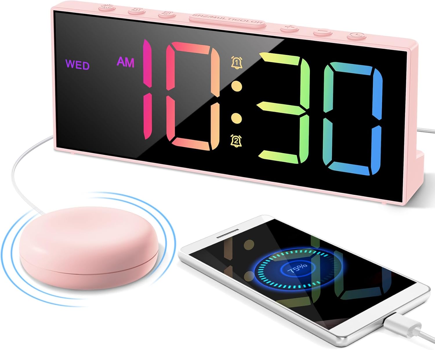 Loud Alarm Clock with Mattress Shaker, Massive Show Plug in Vibrating Alarm Clock for Heavy Sleepers Adults Teenagers Listening to Impaired Deaf, USB Charger, 12/24Hr, Snooze, Dimmable, Adjustable Quantity (Pink)