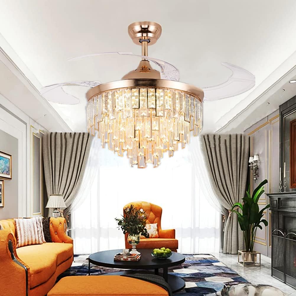 RuiWing 42" Gold Crystal Ceiling Fan with Light, Modern Luxury Fandelier with Remote Control Retractable Blades for Indoor Decoration LED 3 Color Changing(42inch)