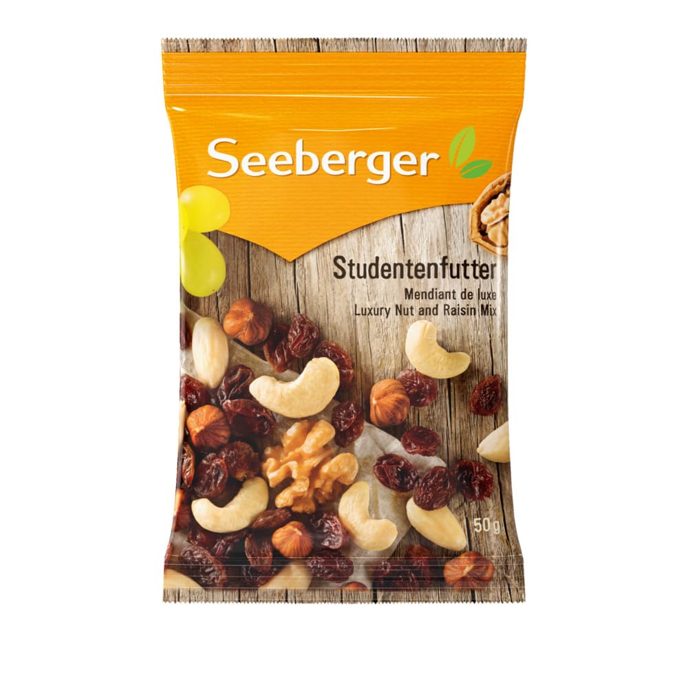 Seeberger Studentenfutter 12er Pack: Klassische Nuss-Frucht-Mischung aus Haselnusskernen, Mandeln, Walnüssen & Cashewkernen, mit Rosinen - reich an Vitamin E, vegan (12 x 50 g)