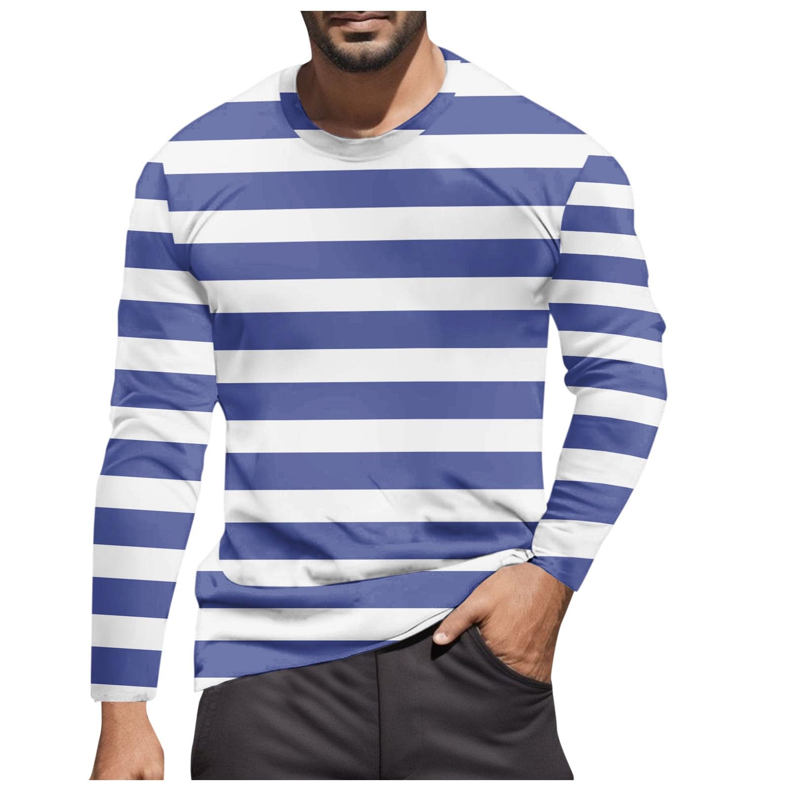 Striped Shirt Men Women Red White Long Sleeve T-Shirt Carnival Long Sleeve T-Shirt Horizontal Stripes Wide Stripes Fine Stripes Crew Neck Leisure Top Striped Shirt Fancy Dress Costumes, Blue-11, XXL