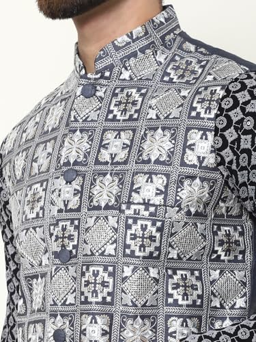 Image of SOJANYA (Since 1958 Men's Cotton Contrast Embroidered Kurta and White Pyjama with Embroidered Nehru Jacket