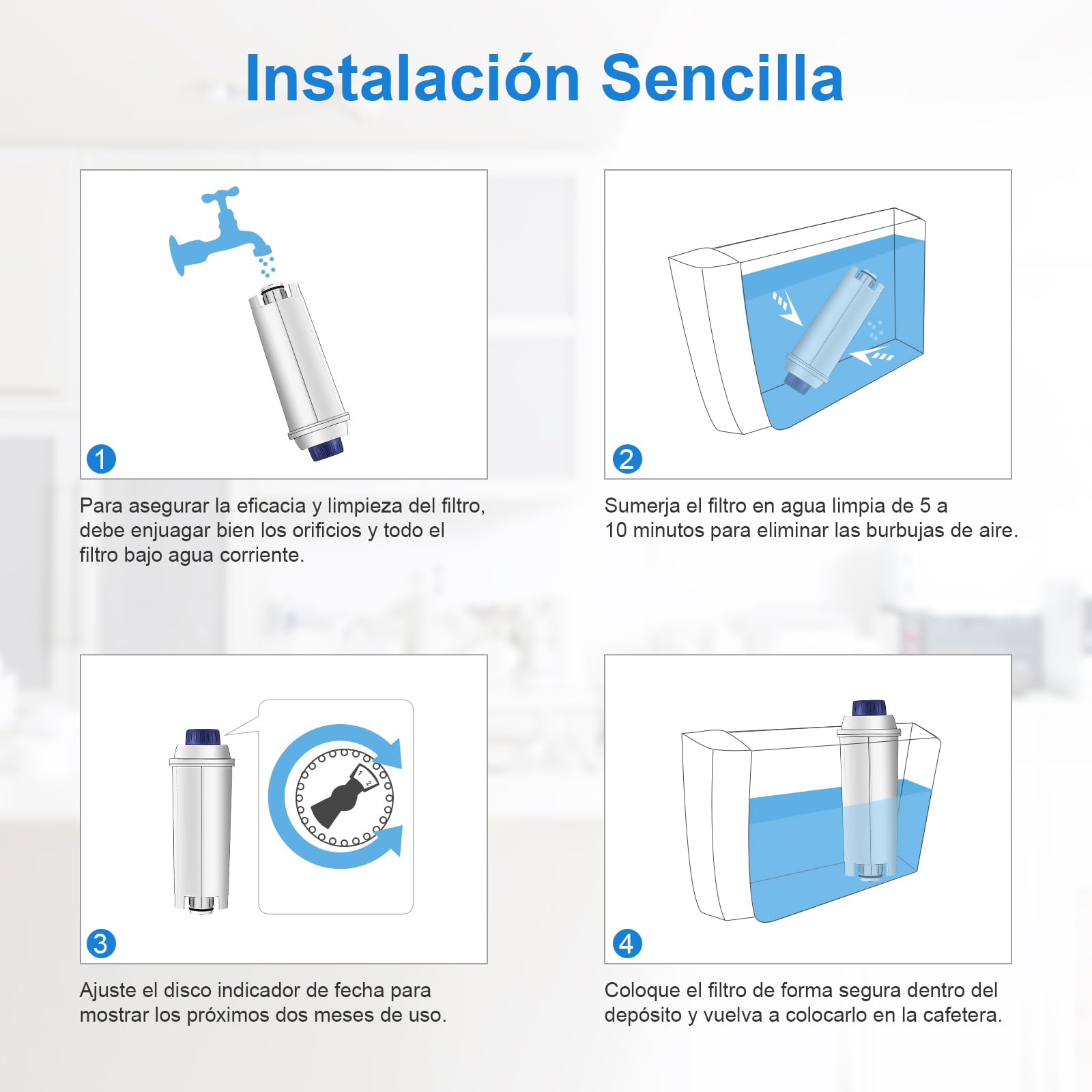 Filtro de Agua, Reemplazo para Filtro DLSC002, Compatible con Cafeteras De'Longhi Dinamica, Magnifica S, Eletta Explorer, ETAM Autentica EPAM y Serie ECAM (paquete de 6)