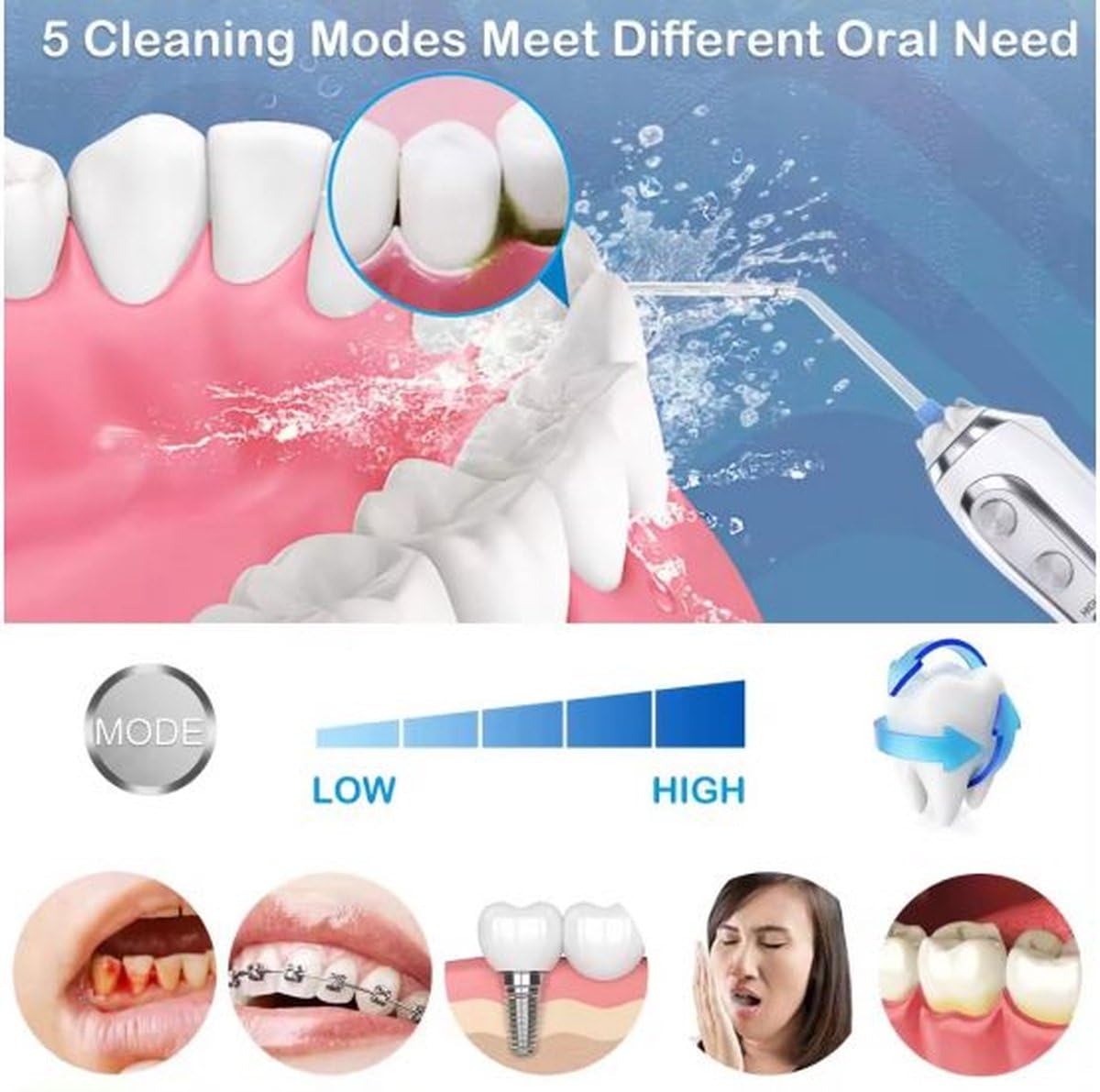 Hali-Q - Idropulsore senza fili, irrigatore orale portatile, 5 modalità di pressione (40-140 psi), serbatoio dell'acqua da 300 ml, 5 ugelli, ricaricabile tramite USB, impermeabile IPX7, sistema a