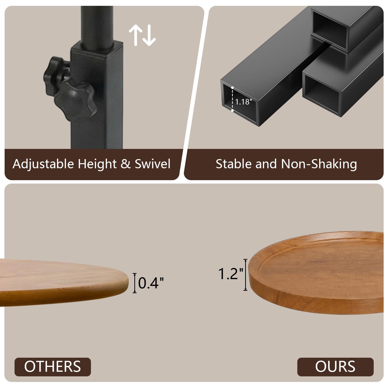 Mesa auxiliar de altura ajustable, mesa auxiliar giratoria de 360° con ruedas para sofá, dormitorio, oficina, sala de estar, mesas de café para espacios pequeños (color madera natural)