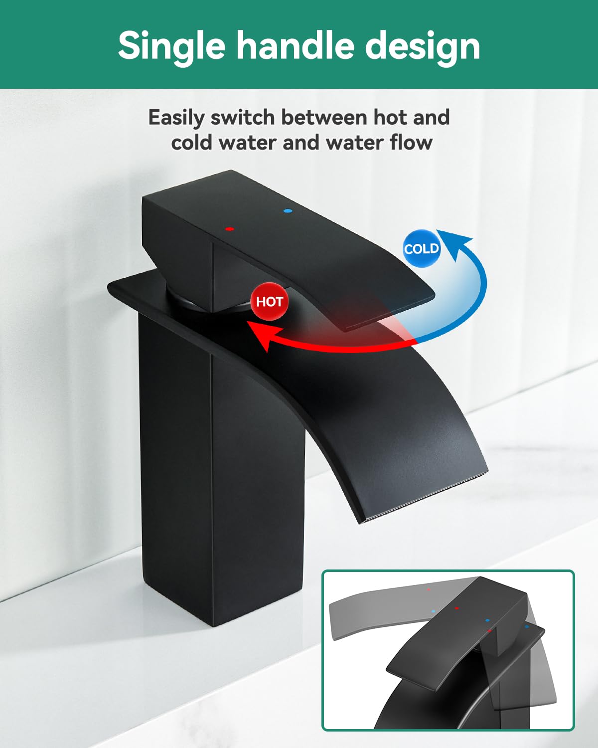 Robinet Lavabo Noir Cascade ANYCEE - Bec 8.5cm, Mono-commande - Acier Inoxydable Pour Salle De Bain