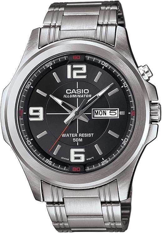 Casio Illuminator Men’s Analog Watch MTP-E202D-1A, Stainless Steel Band, Black Dial, Day-Date Display, 50M Water Resistant