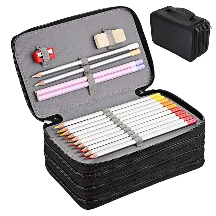 VEGOATY Estuche grande con 72 ranuras, estuche con cremallera, gran capacidad, 4 compartimentos, para escuela, estudiantes, trabajo, oficina, organizador de bolígrafos, material escolar, color negro