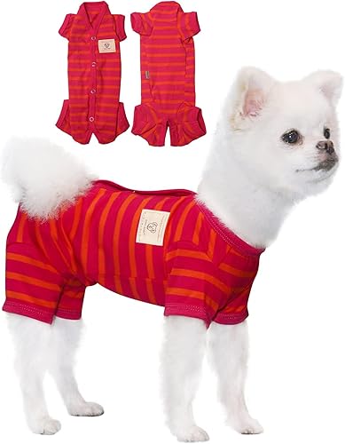 Miniatura 8 de TONY HOBY Pijama para perro mediano y pequeño, overol para perro con rayas de 4 patas, pijama suave para perros (azul y verde, niña, M)