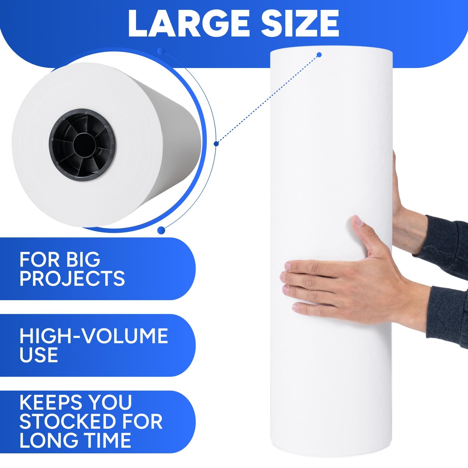 Grand rouleau de papier cadeau blanc de 61 cm x 300 m, qualité standard de 13,6 kg – Fabriqué aux États-Unis – Convient aux distributeurs industriels – Idéal pour l'emballage, le remplissage