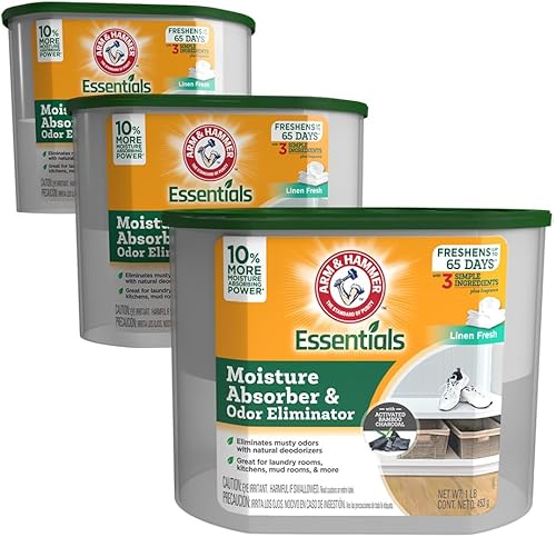 Arm & Hammer Essentials - Bañera desechable absorbente de humedad y eliminador de olores, lino fresco, 1 libra, paquete de 3, atrae y atrapa el