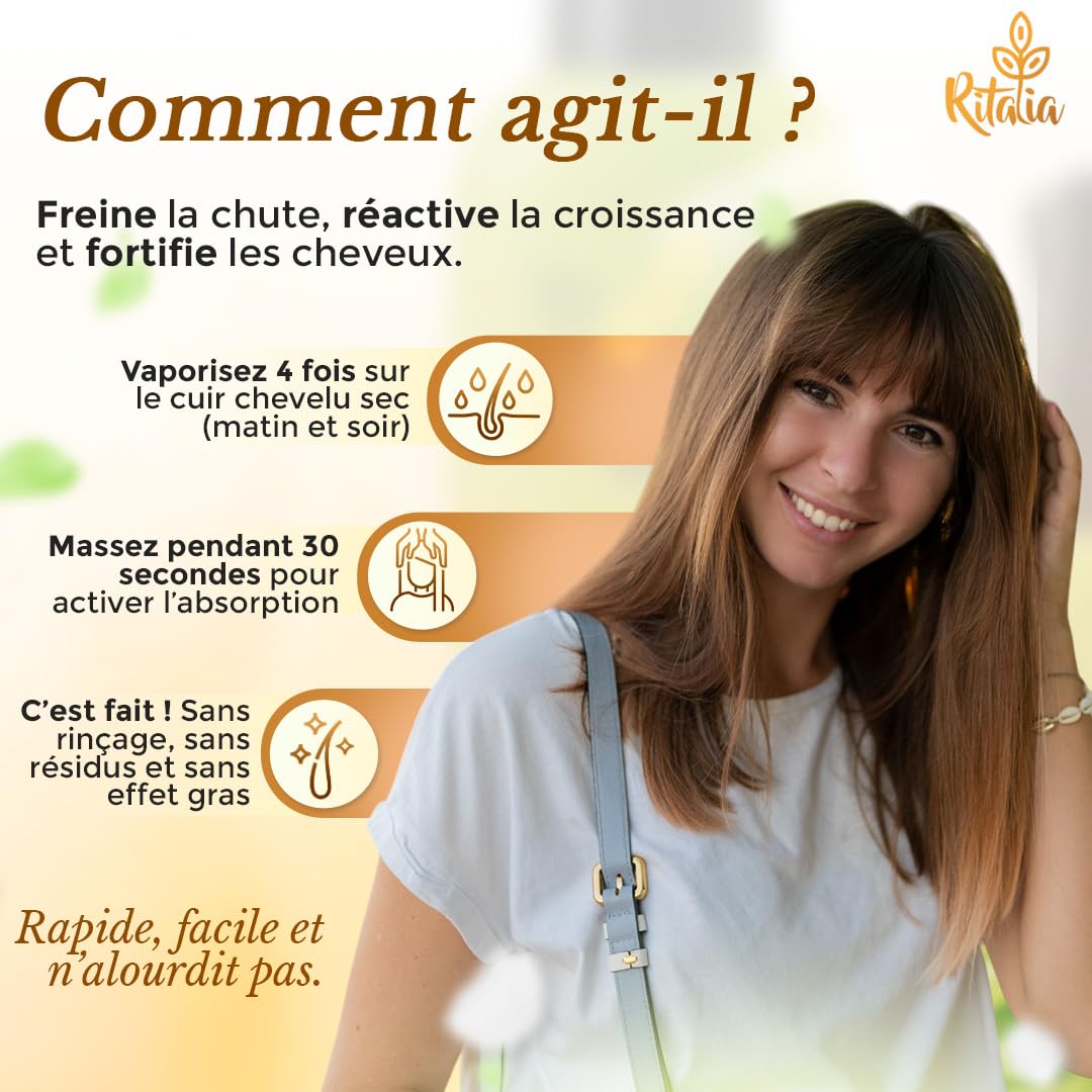Ritalia | Spray pousse cheveux, lotion 100ml, beige | Saw Palmetto, caféine, kératine, 97% naturel | Renforce, épaissit, favorise la croissance cheveux femme homme