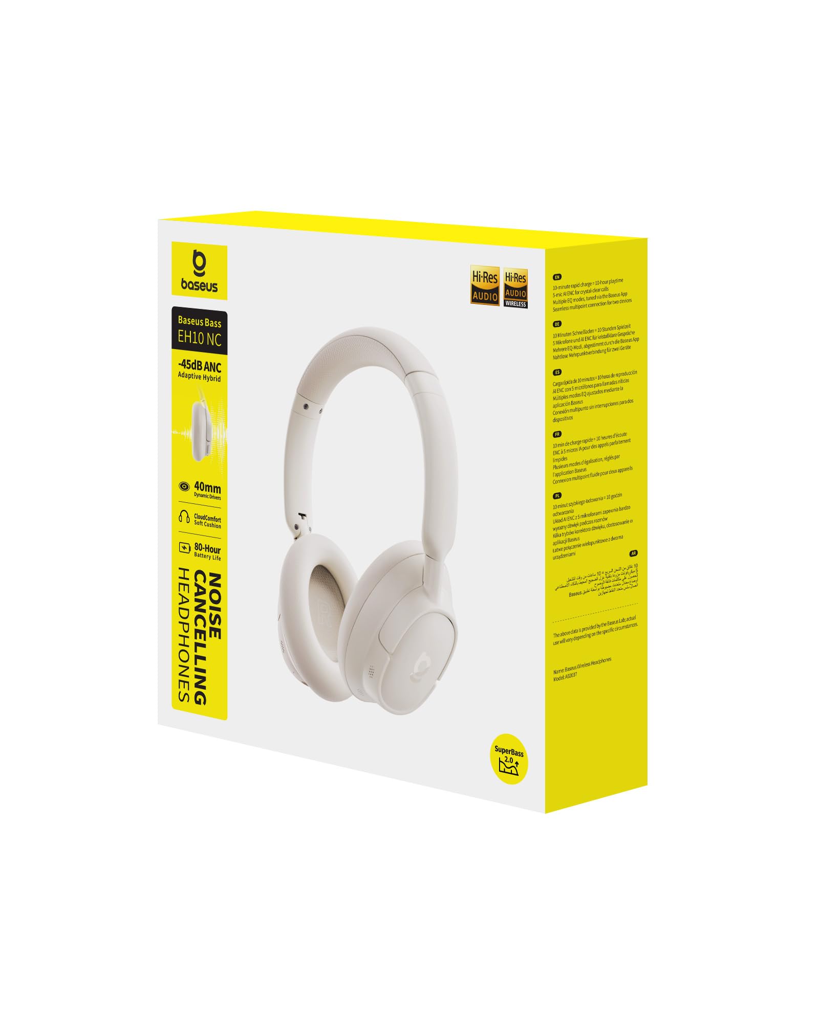 Baseus EH10 NC Casque Bluetooth avec Réduction de Bruit Hybride Active -45 DB, Casque Circum-Aural Hi-Res & Audio LDAC avec 5 Micros à IA, 80 h d’Autonomie, Bluetooth 6.0 - Blanc Lumière d’Étoile